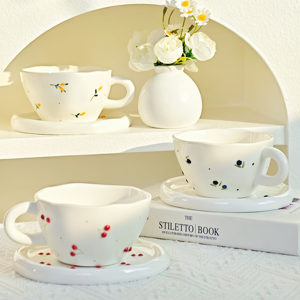 1 Set Creative Simple Hand-Pinched Hand-Painted 3D Relief Cherry Blueberry Lemon Ceramic Coffee Cup & Saucer for Home Use