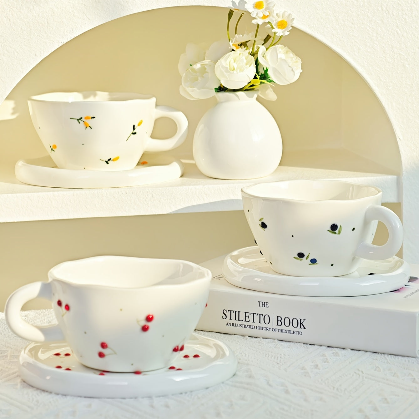 1 Set Creative Simple Hand-Pinched Hand-Painted 3D Relief Cherry Blueberry Lemon Ceramic Coffee Cup & Saucer for Home Use