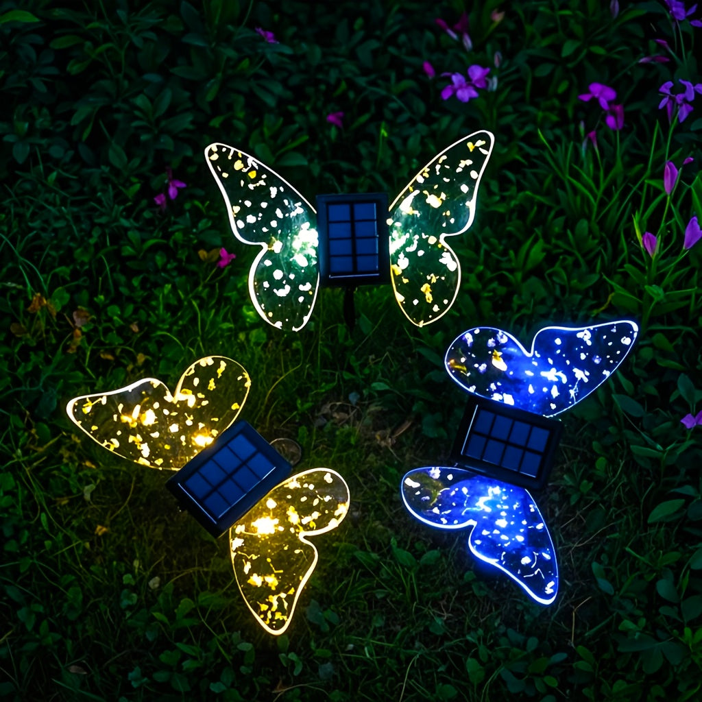 Solar Butterfly Light, Acrylic Wings with Gold Foil Decoration, Dual-Purpose Ground/Wall Light, Suitable for Courtyard, Villa, Garden and Path Ambient Lighting