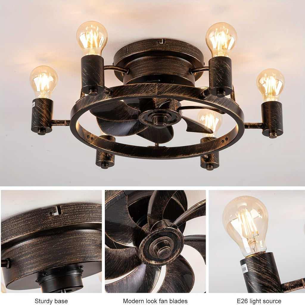 20 Inch Low Profile Flush Mount Ceiling Fan with Light - Remote Control, 6-Speed Quiet Motor, Timer Function, Reversible Fan & Light Control, Industrial Farmhouse Style for Bedroom, Bronze Finish with Grid Design