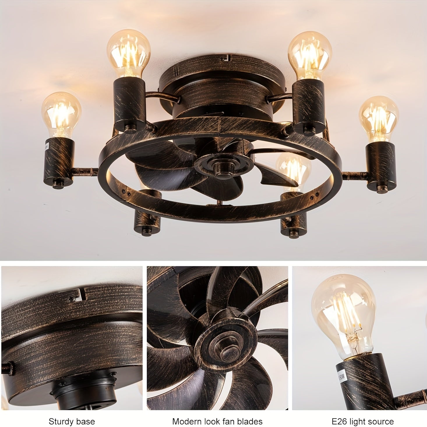 20 Inch Low Profile Flush Mount Ceiling Fan with Light - Remote Control, 6-Speed Quiet Motor, Timer Function, Reversible Fan & Light Control, Industrial Farmhouse Style for Bedroom, Bronze Finish with Grid Design