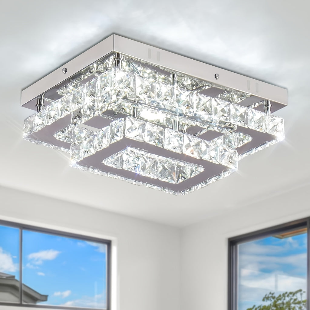 LED Crystal Ceiling Light Modern Rectangular Recessed Pendant Light K9 Stainless Steel Ceiling Light Suitable for Living Room Bedroom Dining Room (Cool White Light)