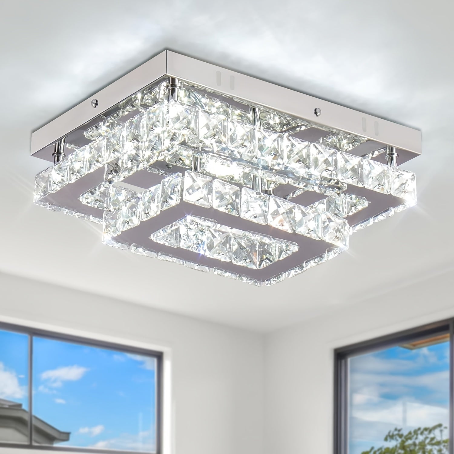 LED Crystal Ceiling Light Modern Rectangular Recessed Pendant Light K9 Stainless Steel Ceiling Light Suitable for Living Room Bedroom Dining Room (Cool White Light)