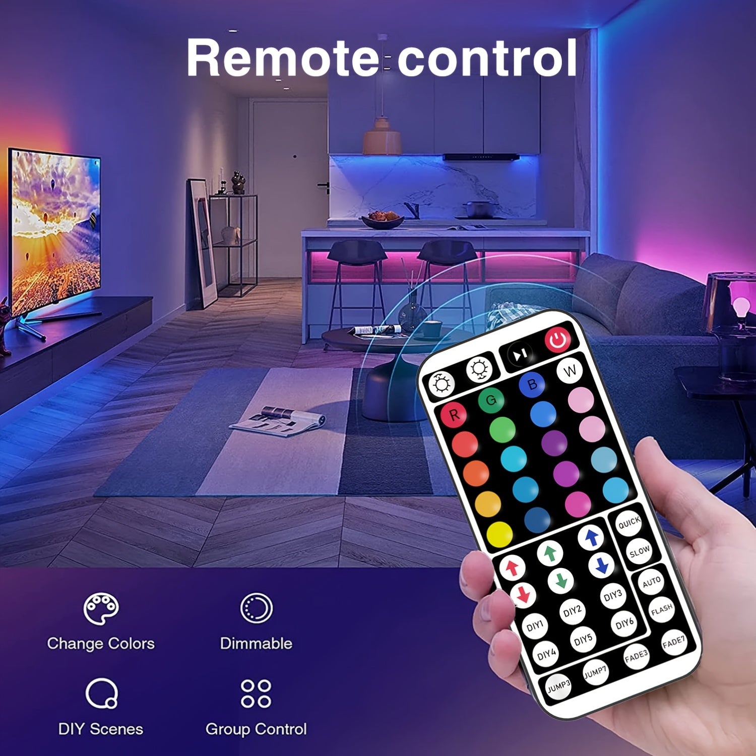NBBUFF 卧室 LED 灯条，39.37英寸-1181.1英寸，RGB 灯带，带 44 键遥控器，颜色可调，USB 供电，适用于床头客厅，节日礼物，游戏派对装饰灯，电视背景灯，万圣节，婚礼酒吧装饰