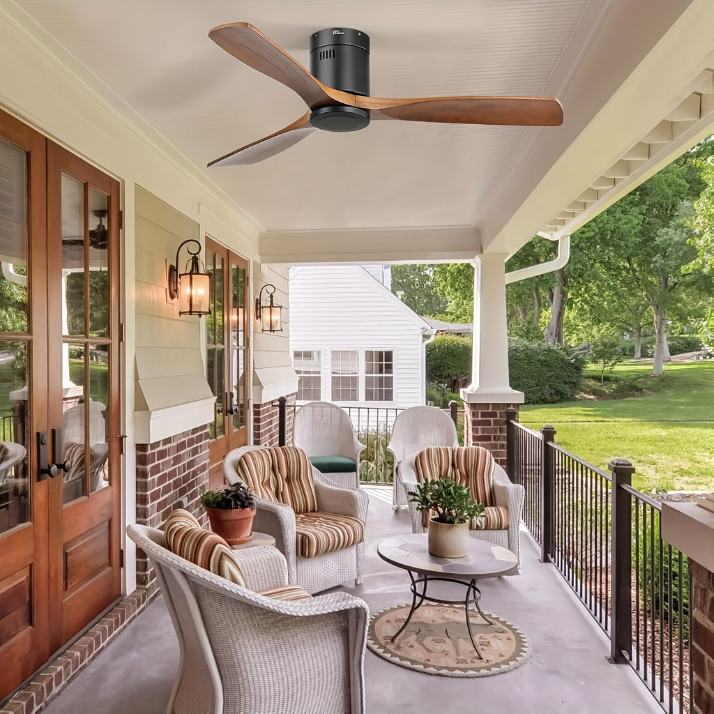 Sofucor 1pc 52" Flush Mount Ceiling Fan, Low Profile Ceiling Fan with Remote Control, Outdoor Ceiling Fan with 3 Double-Sided Walnut Blades, Noiseless DC Motor