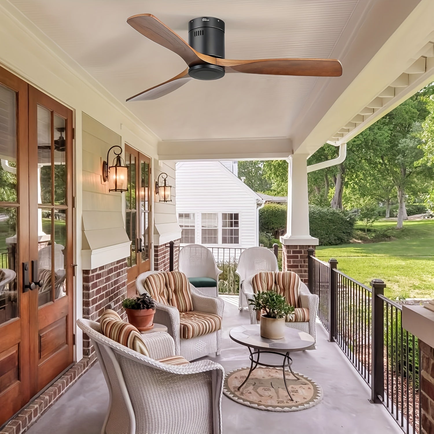 Sofucor 1pc 52" Flush Mount Ceiling Fan, Low Profile Ceiling Fan with Remote Control, Outdoor Ceiling Fan with 3 Double-Sided Walnut Blades, Noiseless DC Motor