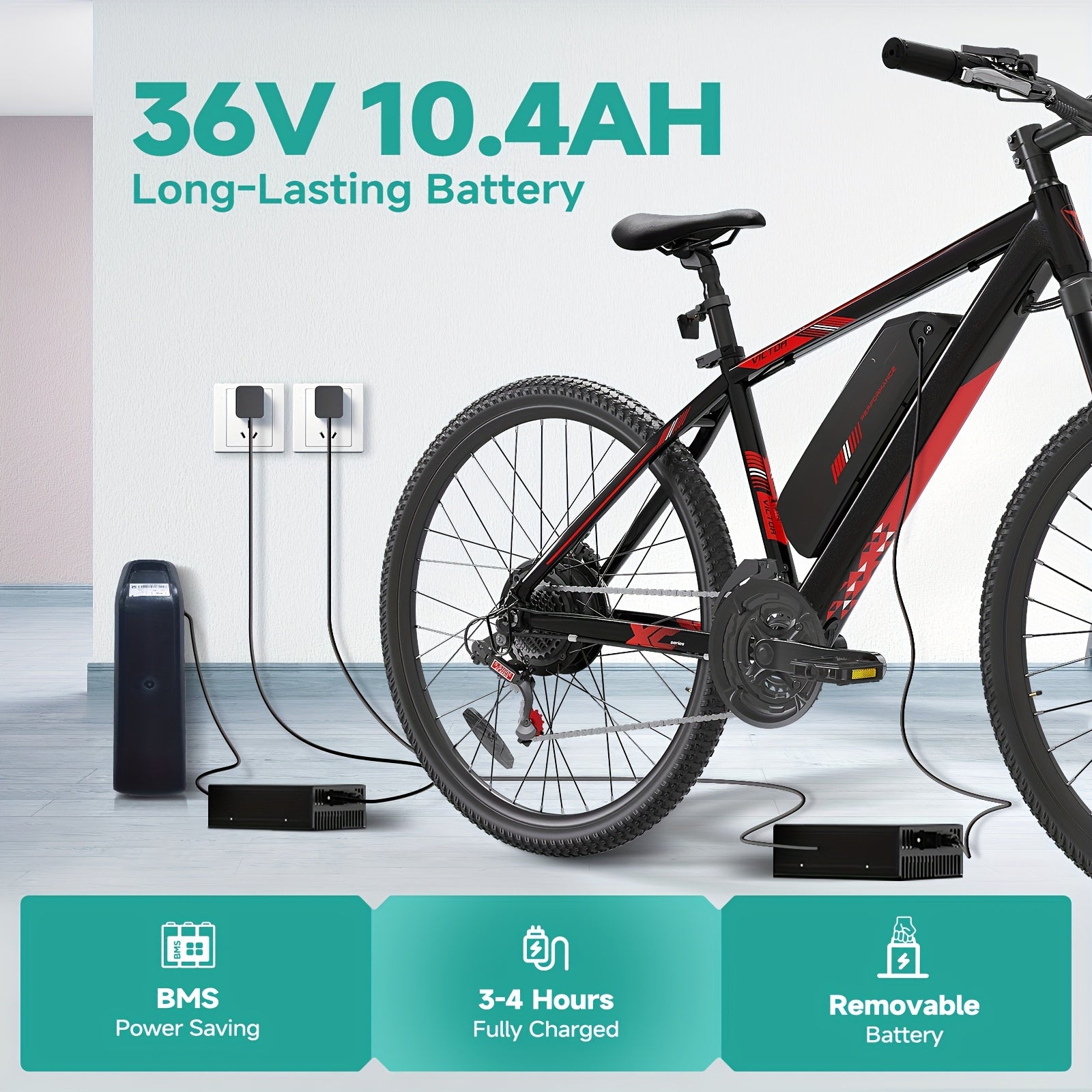 26'' 电动山地自行车，成人电动自行车，电动自行车，350W 电机，10.4Ah 电池。