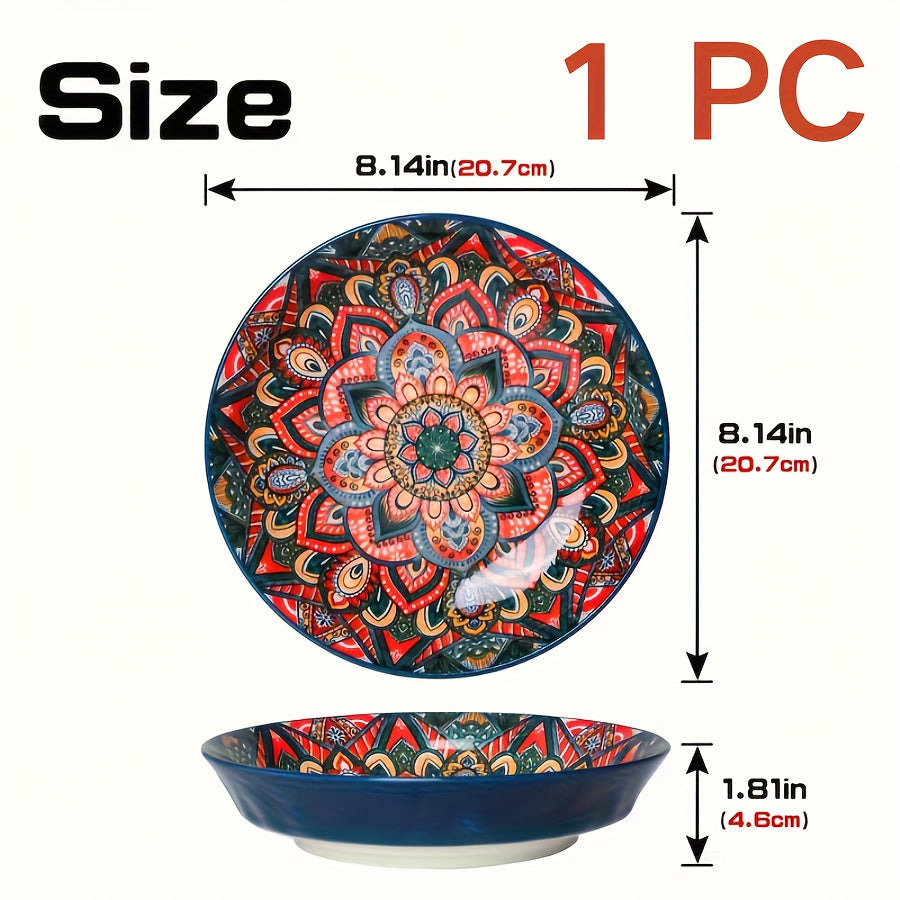 1-Piece Bohemian Floral Theme Ceramic Dinner Plate – 8-Inch Round Decorative All-Season Tableware, Perfect for Steak, Pasta, Breakfast – Microwave Safe Ceramic Dishware – Great for Christmas Gifts, Restaurant & Home Use