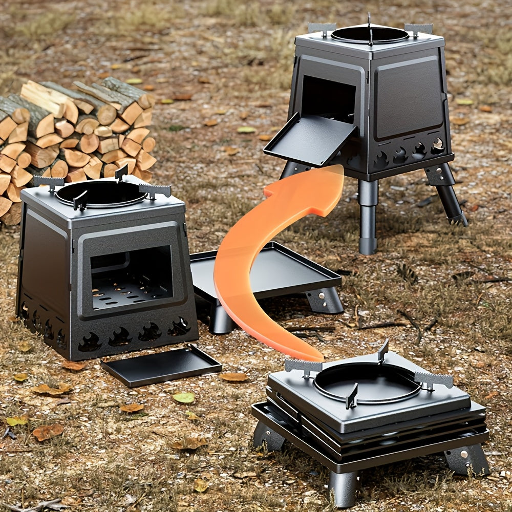 Portable Folding Fire Pit Stove - Compact Camping Fireplace with Wood Box Opening, Ash Tray & Stable Legs - Heavy-Duty Carbon Steel Outdoor Stove, Ideal for Camping, Backyard, Picnic, Beach