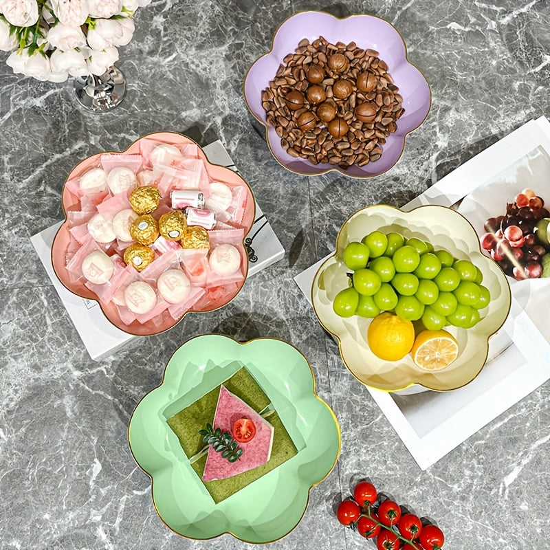 1pc Gold Rim Floral Pedestal Fruit Bowl & Cake Stand – Perfect for All Seasons – Ideal Living Room Decor, Family Dinner Table Fruit Bowl, Dessert Plate, Dried Fruit, Cupcake, Jewelry Storage Tray – Elegant Tableware