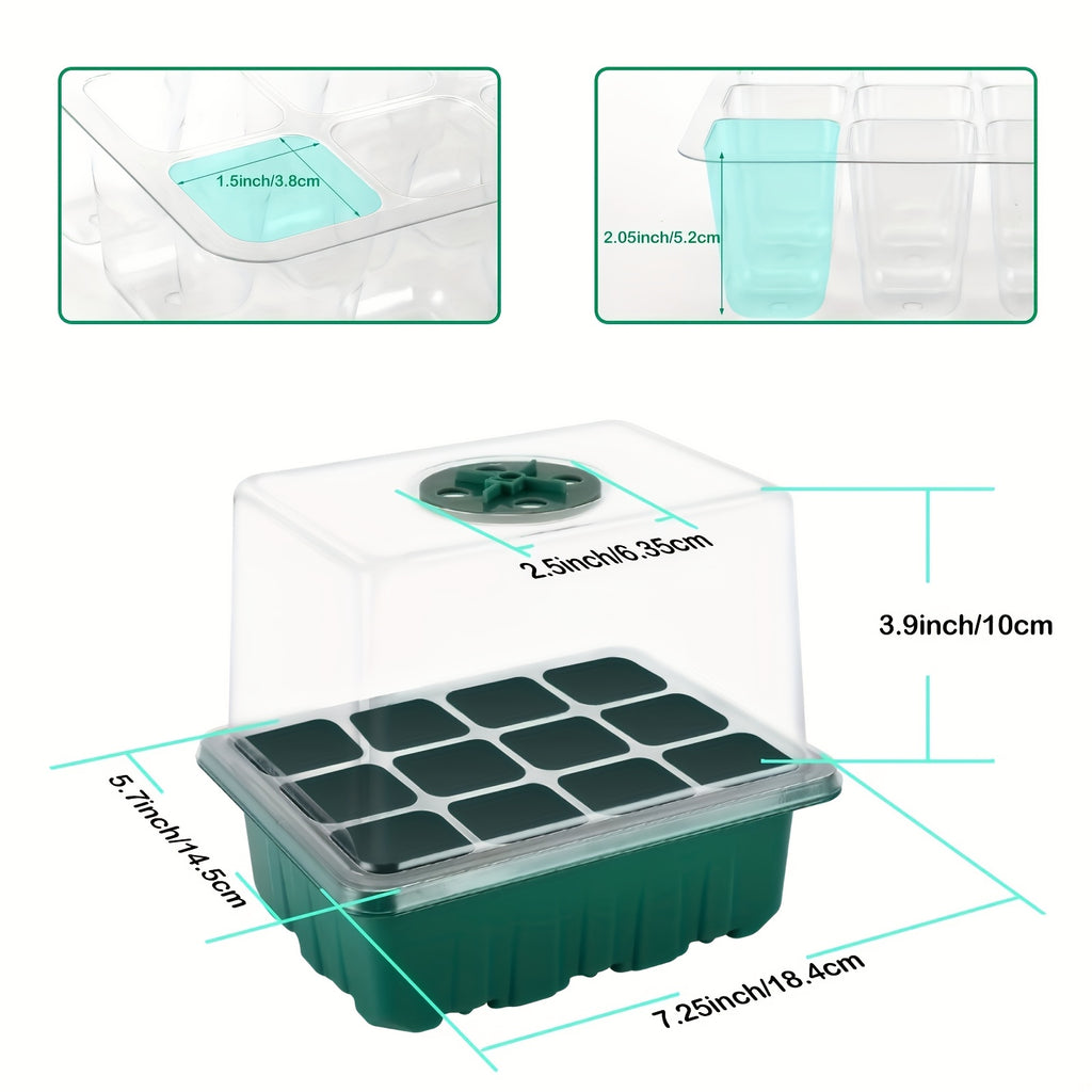 6-Piece Seed Germination Tray Set, Seed Starter Kit with Grow Light, Nursery Tray with Humidity Dome, 3.9 Inch Tall Lid with Drain Holes, Ideal Indoor Spring Vegetable & Fruit Seedling Device, 12 Cells Per Tray