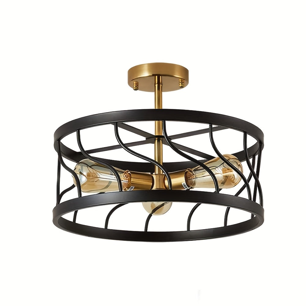 Modern 3-Light Black and Gold Semi-Flush Mount Ceiling Fixture with Drum Cage Design - Elegant Metal Lighting for Kitchen, Hallway, Bedroom or Living Room, E26 Base (Bulb Not Included), Living Room Decor | Modern Ceiling Light | Durable Metal