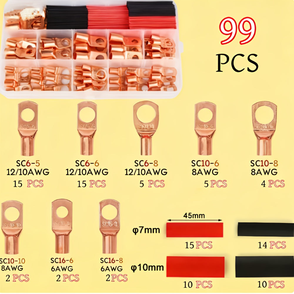 99/199-Piece AWG 6, 8, 10 & 12 Gauge Wire Terminal Set with Heat Shrink Tubing – Battery Cable Ends & Ring Terminal Connectors for Marine, Automotive, Cable & Electrical Applications