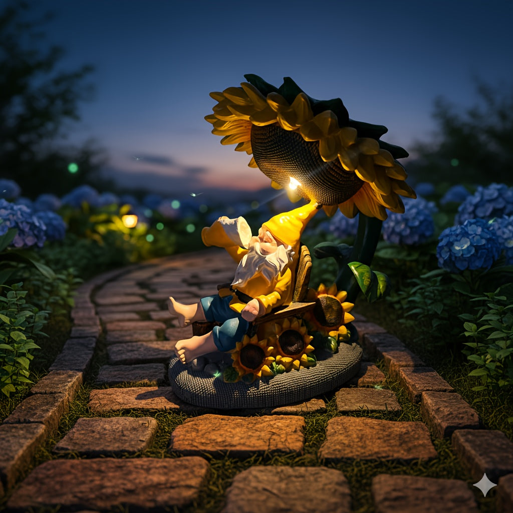 One Creative Solar Gnome Statue Light Under a Sunflower, Outdoor Whimsical Cozy Coffee-Drinking Old Gnome Christmas Ornament, Suitable for Garden Courtyard Miniature Landscape, Tabletop, Lawn, Flower Pot