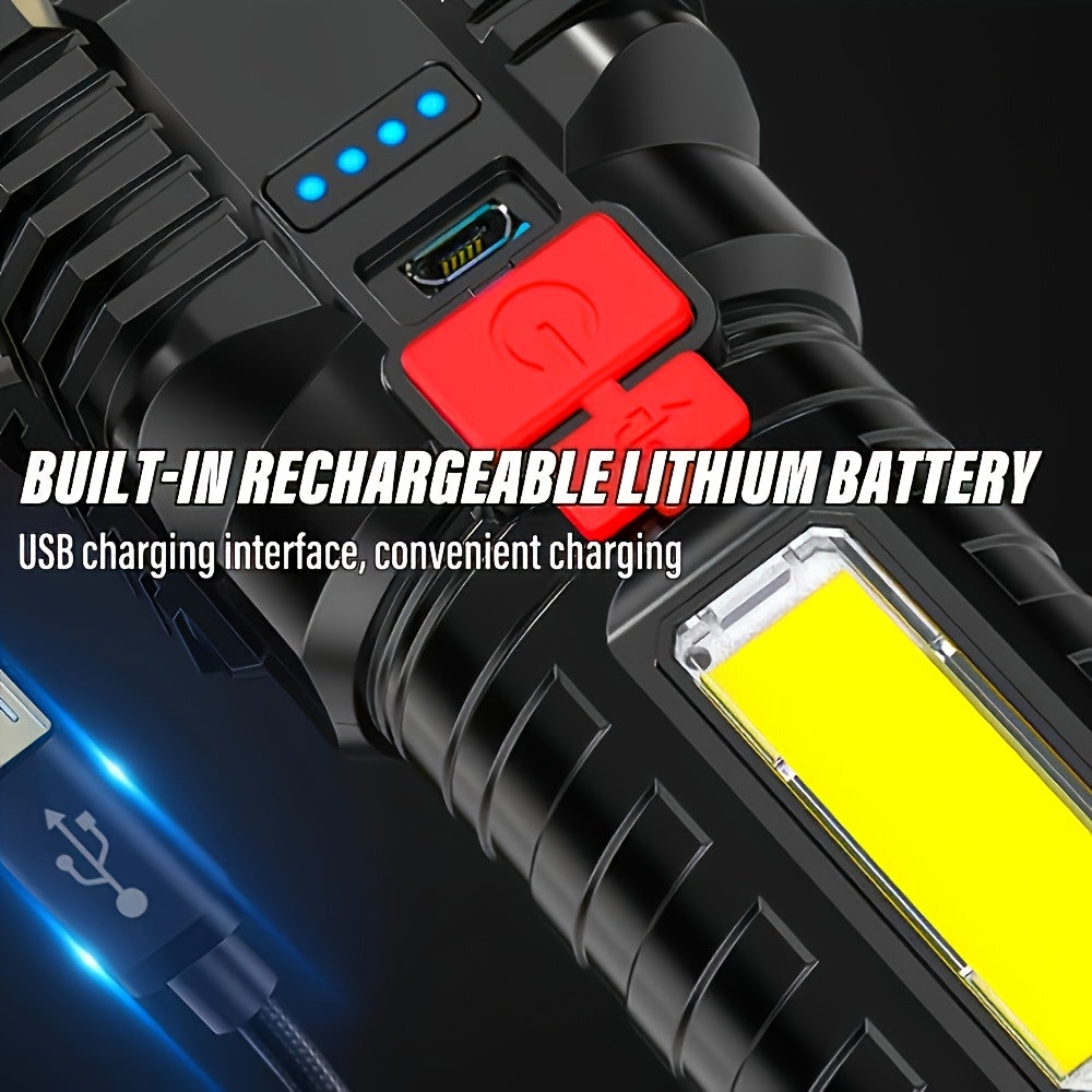 1PC 5LED High-Power Tactical Handheld Flashlight, Rechargeable Camping Light with COB Side Light & 4 Lighting Modes, Ideal for Camping, Exploration, Hiking, Outdoor Activities & Home Emergency Use