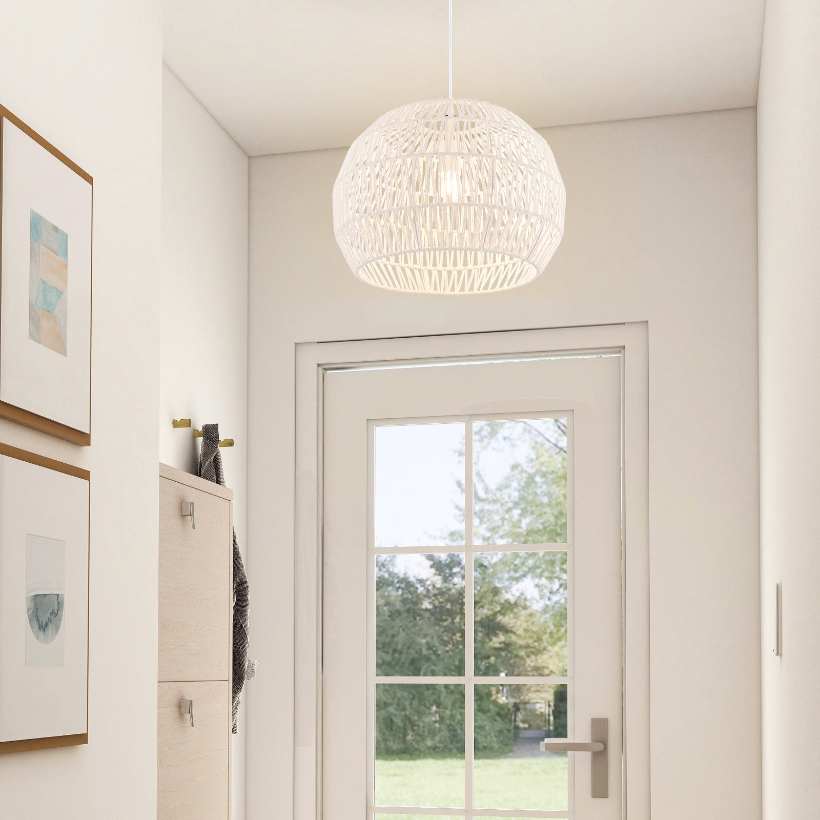 Modern Handwoven Paper Pendant Light with Adjustable Hanging Rope and Removable Metal Frame and Woven Shade, Compatible with E26 Bulbs (Bulb Not Included), 120V Hardwired Ceiling Light, Suitable for Kitchen, Bedroom, Living Room