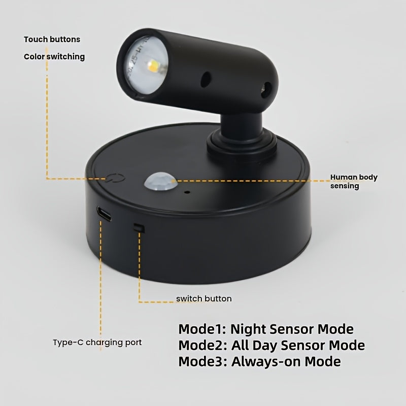 Tri-color temperature wireless motion sensor spotlight, magnetic wall light, high-efficiency sensor light, battery-powered rechargeable wall light, adjustable warm/cool/neutral light, indoor spotlight, suitable for hallways, photos, artwork display