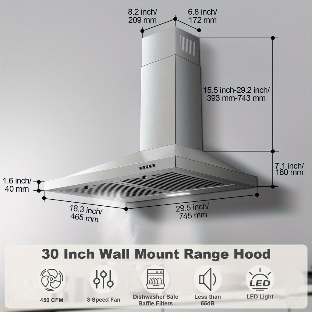 30-Inch Stainless Steel Kitchen Range Hood, 450 CFM, Wall-Mounted Design, with 2 Baffle Filters, 3-Speed Fan, Push-Button Control & LED Lighting/