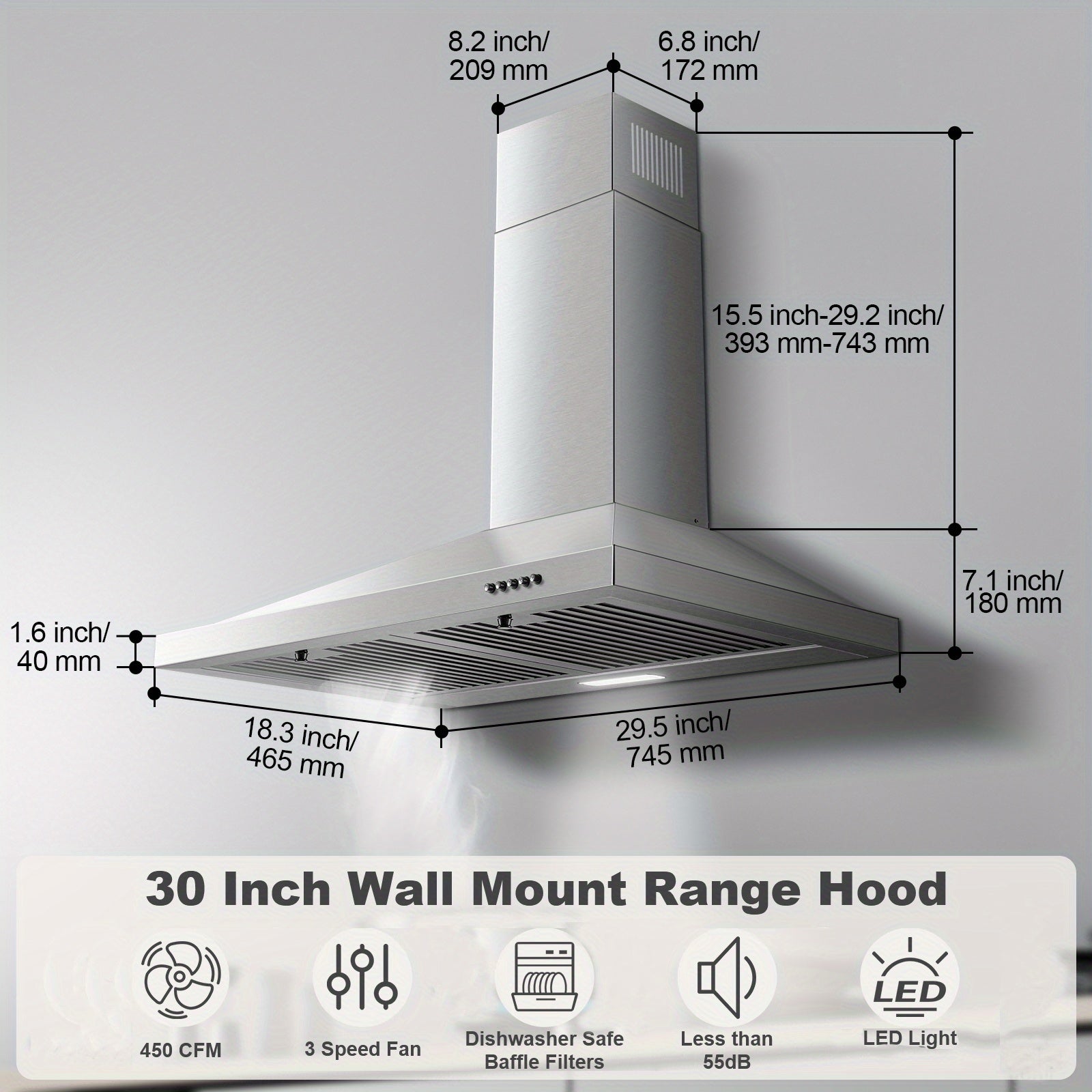 30-Inch Stainless Steel Kitchen Range Hood, 450 CFM, Wall-Mounted Design, with 2 Baffle Filters, 3-Speed Fan, Push-Button Control & LED Lighting/