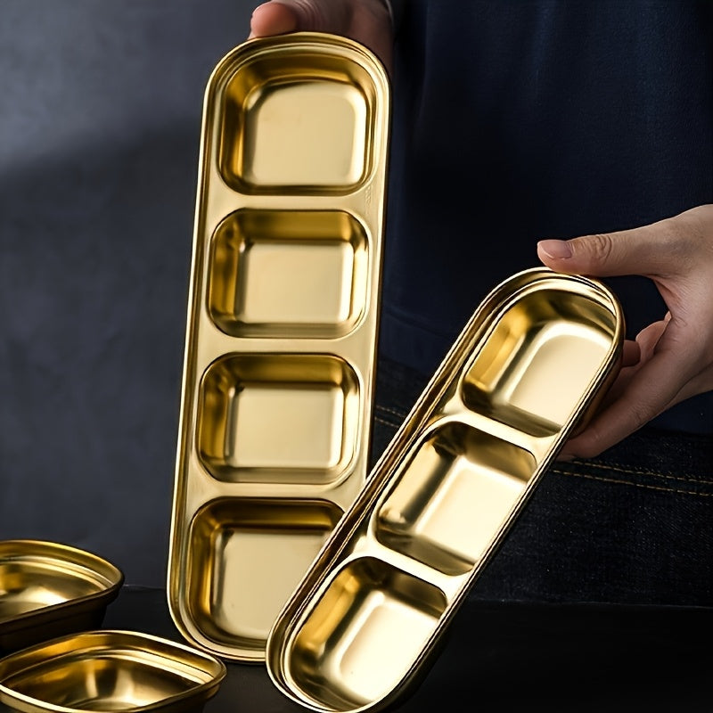 1Pc Golden Compartment Stainless Steel Sauce Plate, Dinner Plate, Salt Vinegar Sugar Seasoning Dipping Bowl