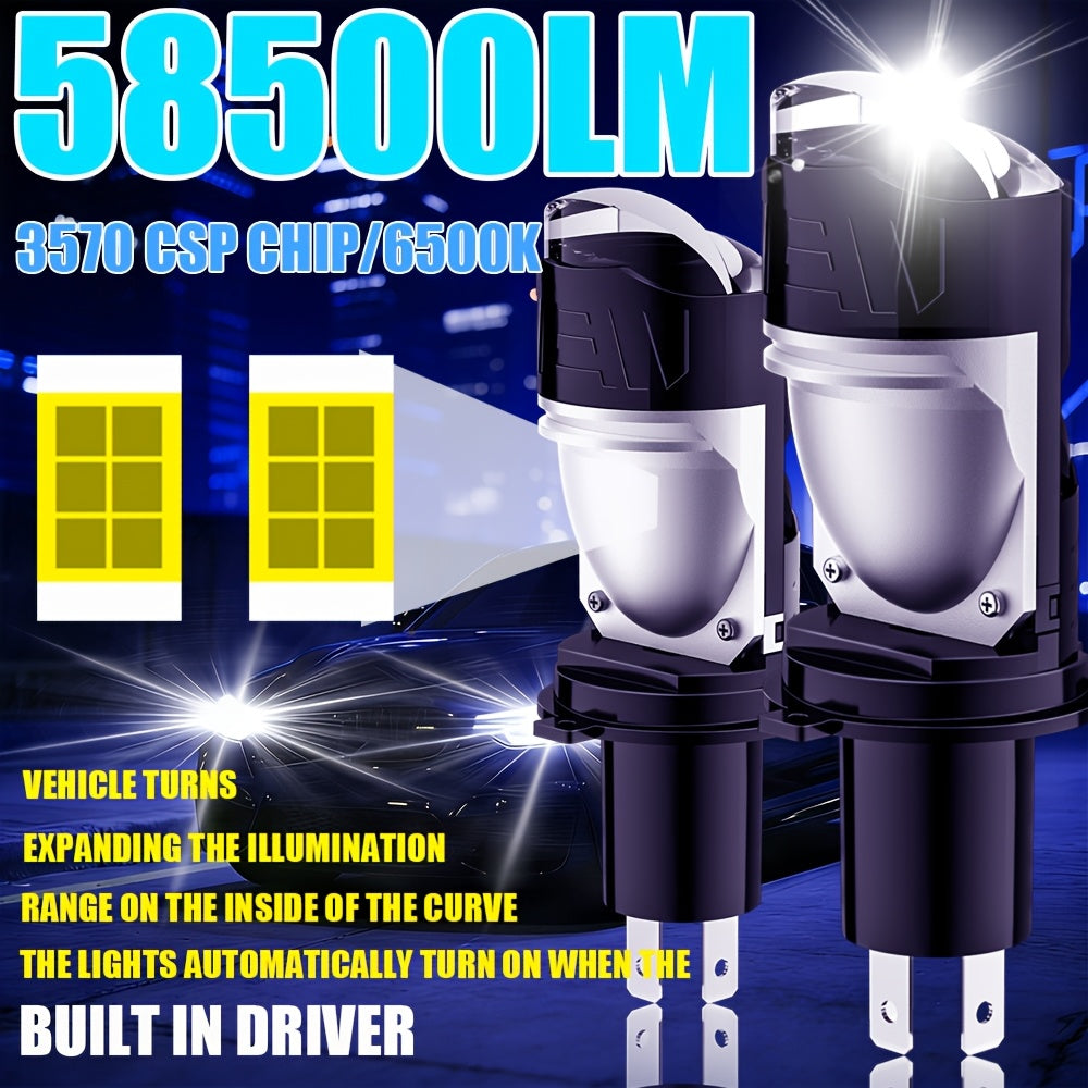 自动化2PCS LED汽车车灯-H4/9003/HB2-58500LM,6500K冷白灯，汽车大灯，适用各种环境，超高冷却风扇，采用CANbus即插即用系统，无需电池，远近光
