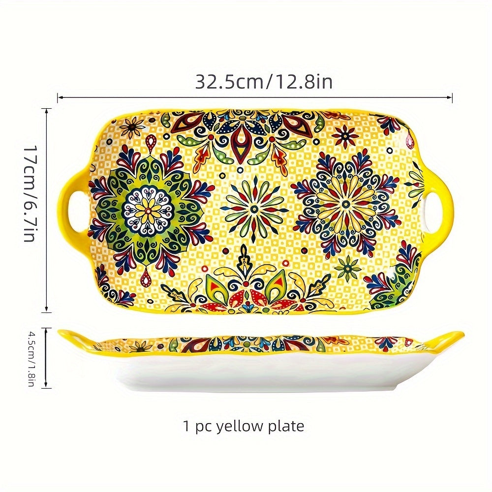1 Piece Ceramic Bohemian Style 12.8-Inch Fish Plate with Double Handles – Kitchen Serving Platter – Rectangular Baking Dish Safe for Microwave & Oven