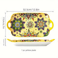 1 Piece Ceramic Bohemian Style 12.8-Inch Fish Plate with Double Handles – Kitchen Serving Platter – Rectangular Baking Dish Safe for Microwave & Oven
