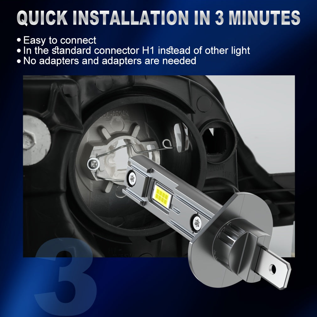 2 High Power H1 LED Car Lights - Super Bright 6500K, Plug-and-Play, Anti-Fog DRL Bulbs, for Headlights & Turn Signals, 12V, No Battery Needed, Mini Size, Direct Plug-in LED Bulbs, Vehicle Lighting Upgrade | Modern Car Accessories