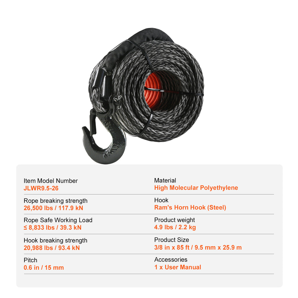 VEVOR Synthetic Winch Rope, 3/16″ / 3/8″ / 1/2″ x 50ft / 85ft / 92ft / 100ft 8,350lbs Synthetic Winch Cable Rope with Protective Sleeve + Stopper + Forged Winch Hook + Pull Strap, Universal for ATV, UTV, Vehicle Trailer