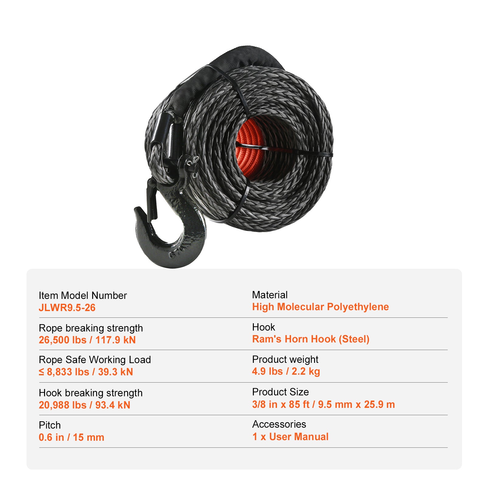 VEVOR Synthetic Winch Rope, 3/16″ / 3/8″ / 1/2″ x 50ft / 85ft / 92ft / 100ft 8,350lbs Synthetic Winch Cable Rope with Protective Sleeve + Stopper + Forged Winch Hook + Pull Strap, Universal for ATV, UTV, Vehicle Trailer