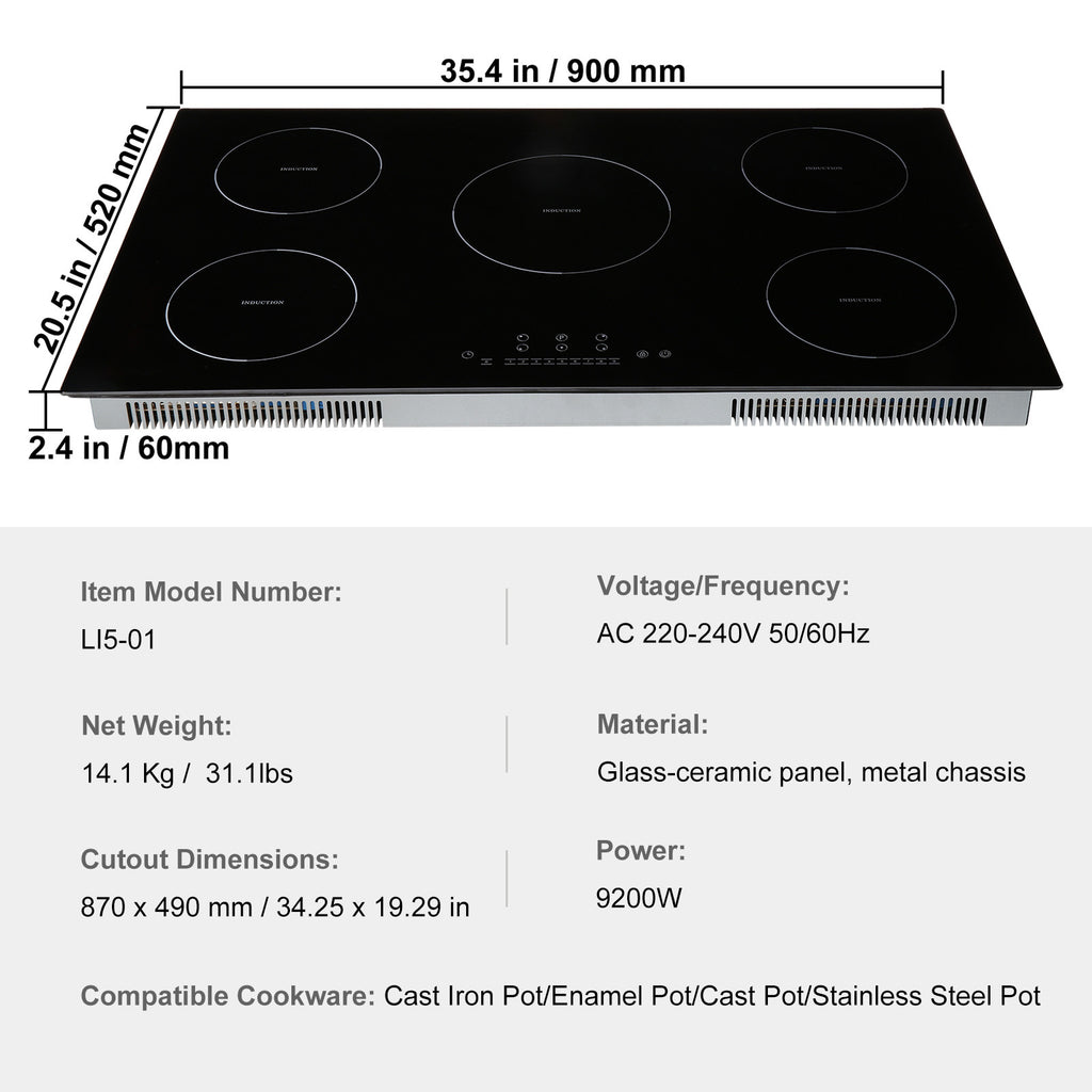 VEVOR Induction Cooktop, 5 Burners, 36-Inch Induction Stove, Built-In Magnetic Cooktop 9200W, 9-Level Multi-Function Burner, LED Touch Screen with Child Lock & Over-Temperature Protection