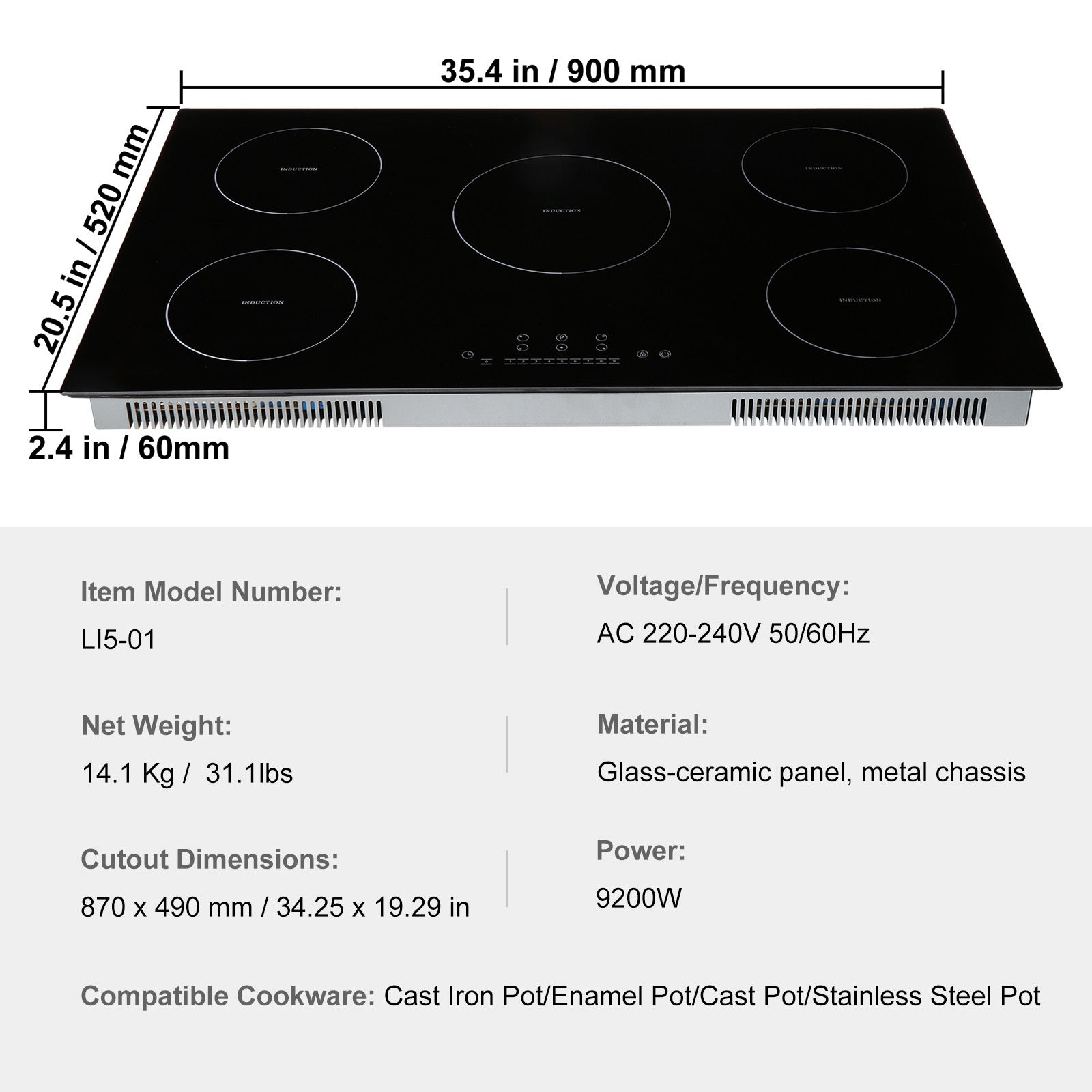 VEVOR Induction Cooktop, 5 Burners, 36-Inch Induction Stove, Built-In Magnetic Cooktop 9200W, 9-Level Multi-Function Burner, LED Touch Screen with Child Lock & Over-Temperature Protection