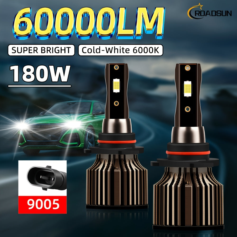 ROADSUN offers a set of 2 LED bulbs, compatible with H1, H7, H11, 9005, 9006, H4, H13, 9007 and 9004 types, providing a super bright output of 60000 lumens at 180 watts, and a color temperature of 6000K