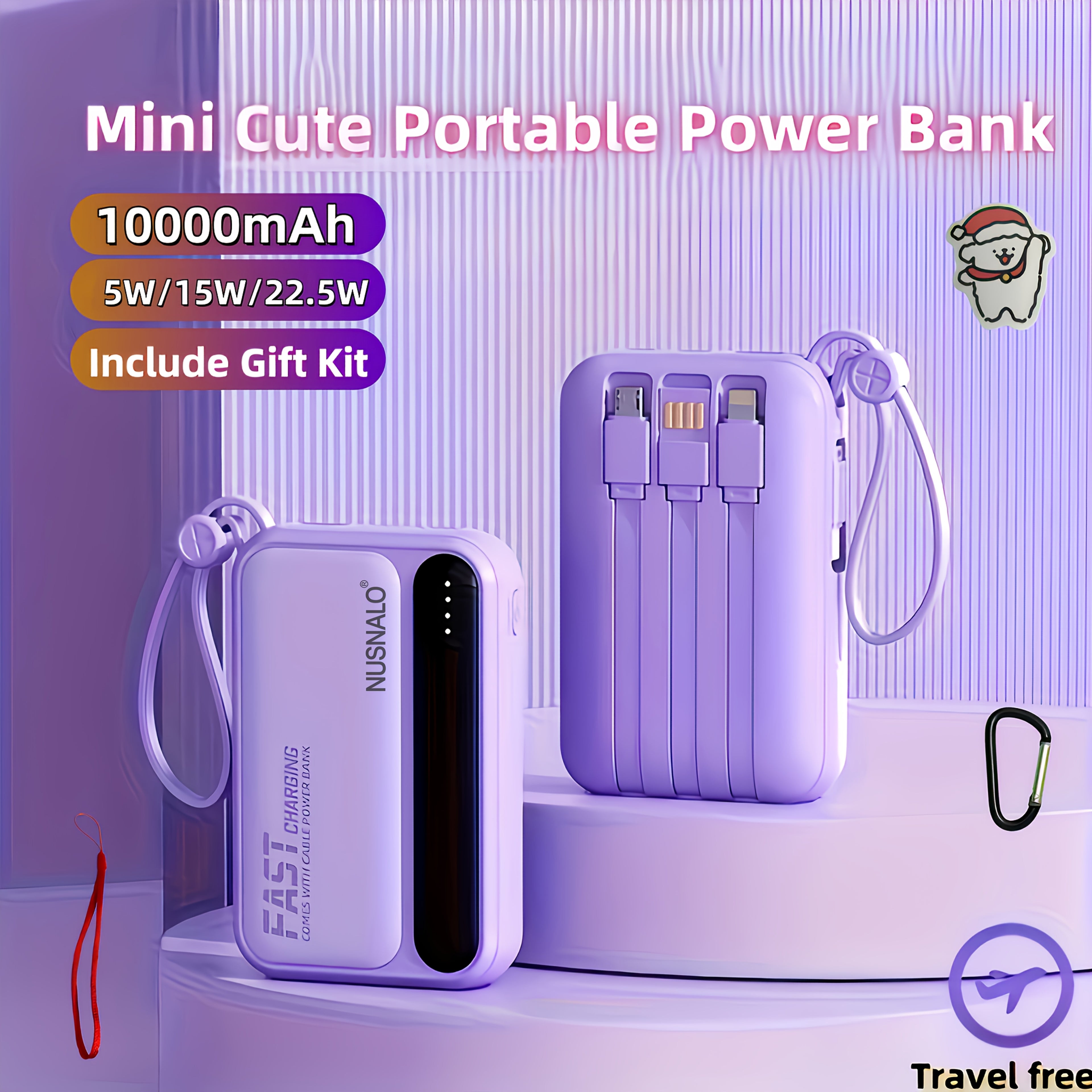 10000mAh 迷你可愛 5W/15W/22.5W 超級快充多功能卡通行動電源，可充電便攜式手機充電器，內含 4 條充電線，戶外旅行必備電池組，智慧 LED 數位顯示，Micro & Type-C 輸入