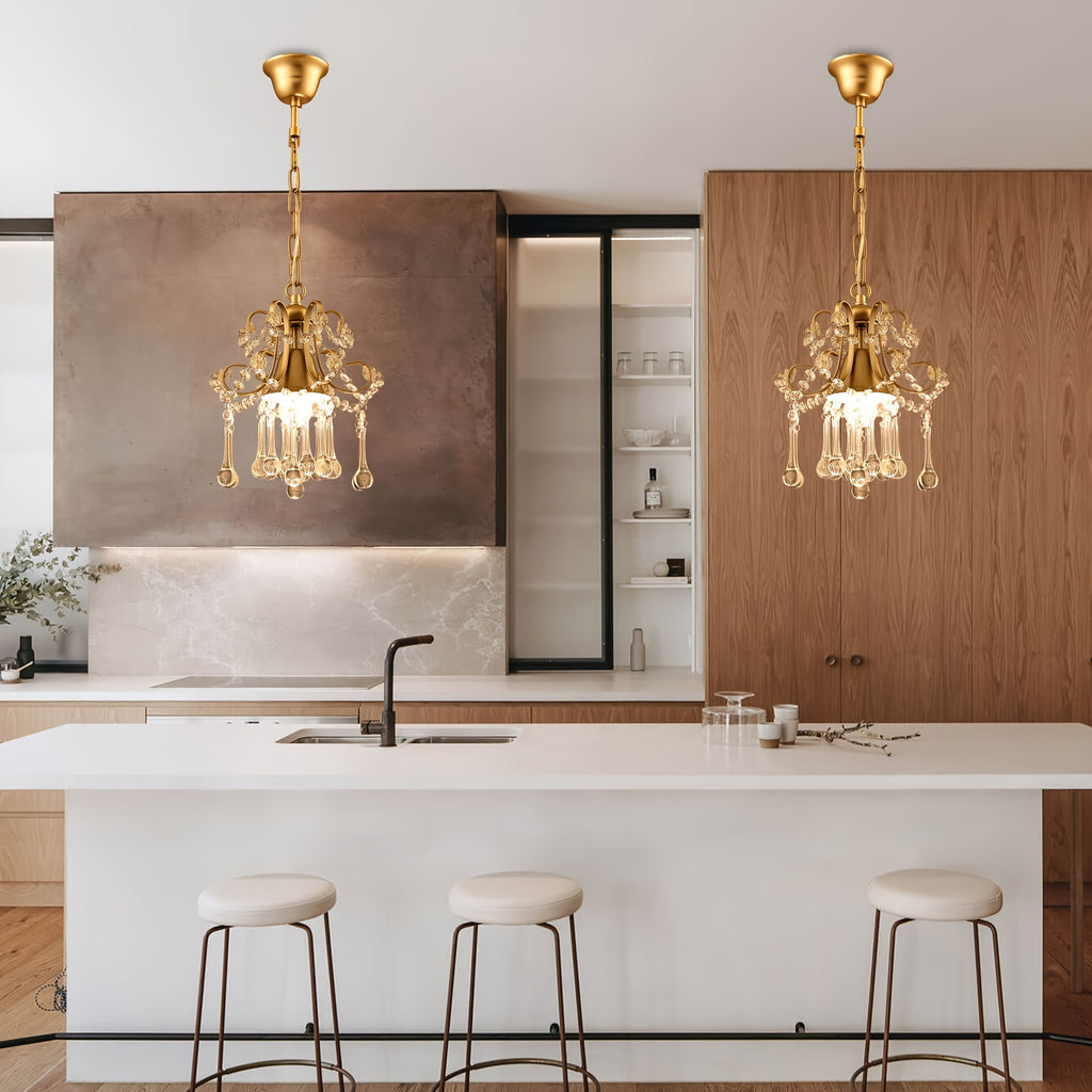Ganeed 1-light champagne K9 clear crystal chandelier, ceiling light, crystal pendant light, chandelier for living room, bedroom, dining room, porch, LED lighting and home decoration