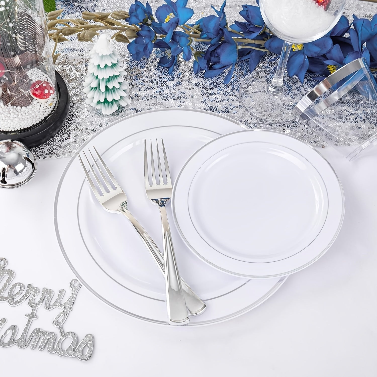 300-Piece Plastic Silver Plates – White & Silver Disposable Plate Set Includes 60 Dinner Plates, 60 Dessert Plates, 60 Forks, 60 Spoons, 60 Knives