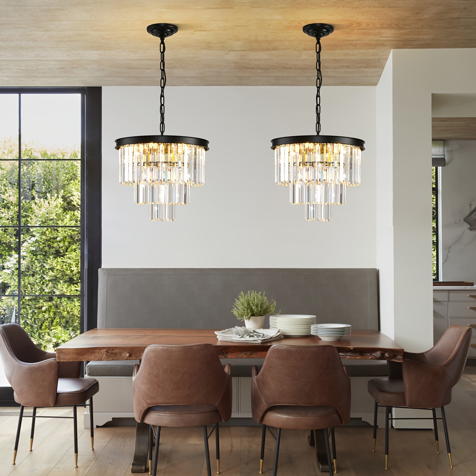 Modern Crystal Chandelier Gold 15.7-Inch Round Pendant Light, 7-Light Ceiling Chandelier Fixture for Dining Room, Raindrop Luxury Black Flush Mount Chandelier for Entryway Living Room