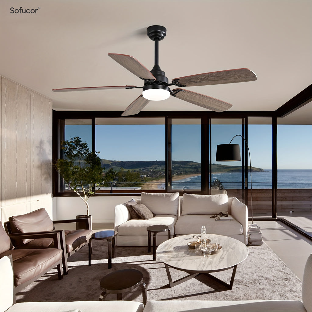 Sofucor 52" Ceiling Fan with Light & Remote, 6 Speeds, 3-Color LED, Timing, Low Profile, Noiseless Reversible DC Motor, for Bedroom, Living Room, Patio (3 Downrods Included)