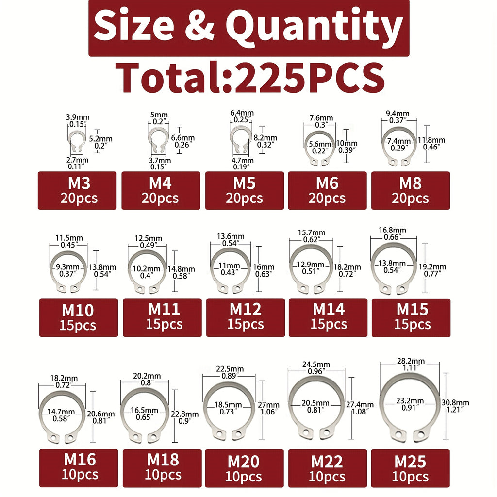 225-Piece External Retaining Ring Assortment, Includes 15 Sizes, Made of 304 Stainless Steel, Fits Shafts from M3 to M25.