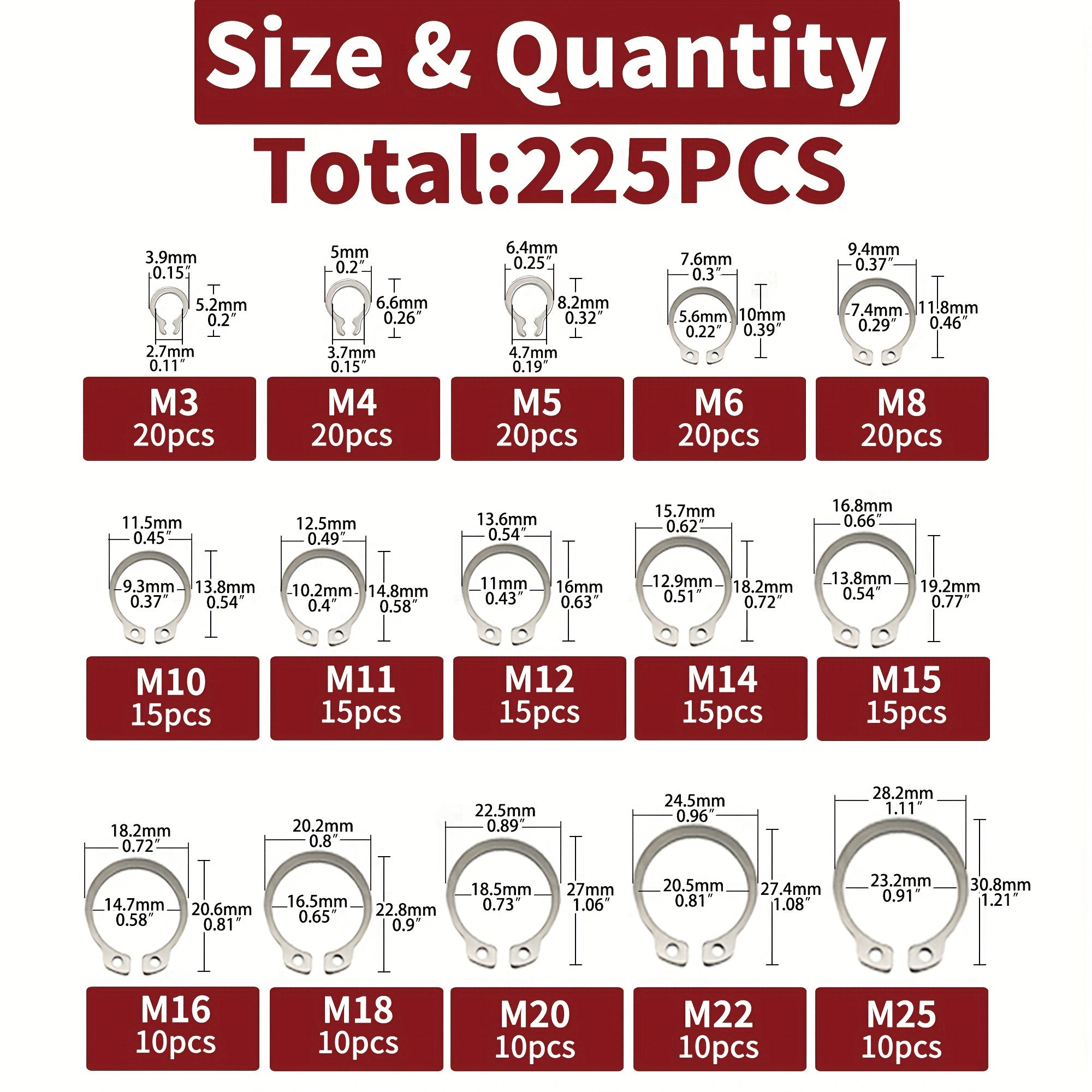 225-Piece External Retaining Ring Assortment, Includes 15 Sizes, Made of 304 Stainless Steel, Fits Shafts from M3 to M25.