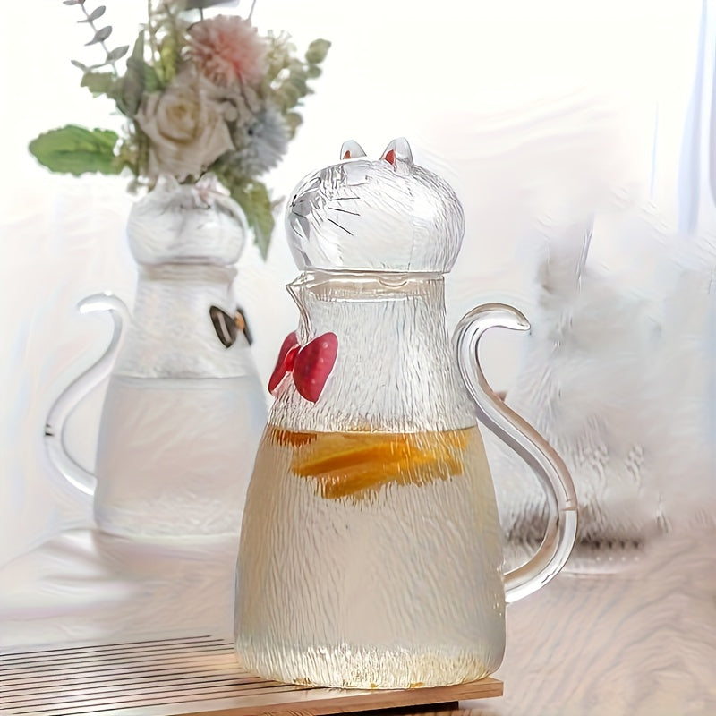 1 Cat Bow Tie Borosilicate Glass Cold Water Pitcher, Large Capacity Heat-Resistant Handmade Tea Kettle