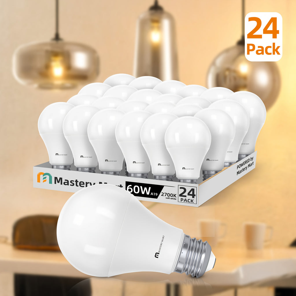 24个装A19 [60瓦] LED灯泡，E26底座，2700K柔和白光，800流明，CRI 80+，不可调光，适合办公室，9瓦 [相当于60瓦]- MASTERY MART