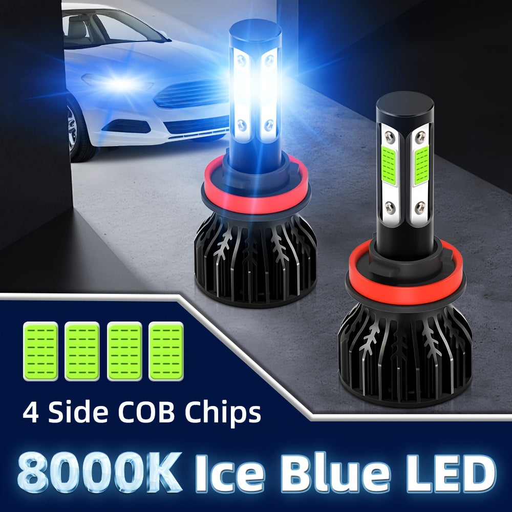 2 High/Low Beam Headlights, Luminous Intensity 30000 Lumens, 8000K Ice Blue Light, Equipped with 4 Side COB Chips, Including Models 9005/HB3, 9006/HB4, H4, H7, H11, H13, 9004 and 9007, No Battery Included