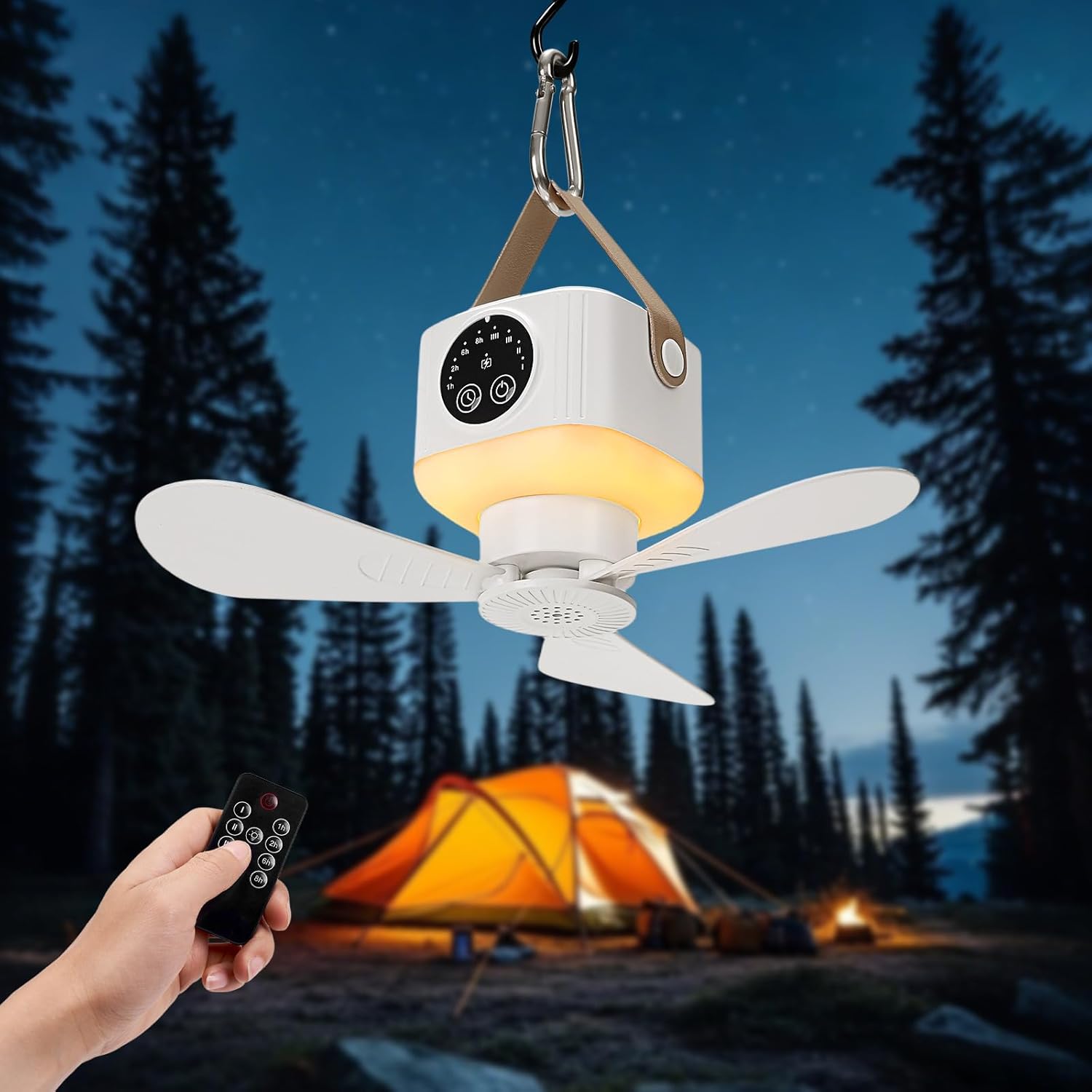 Outdoor Portable USB Rechargeable Camping Fan with LED Lantern, 3 Speed Levels, 8 Hours Timer, Remote Control, Hanging Mini Fan, Essential for Tent RV Camper Home Office Hiking Travel, Camping Gear Emergency Kit