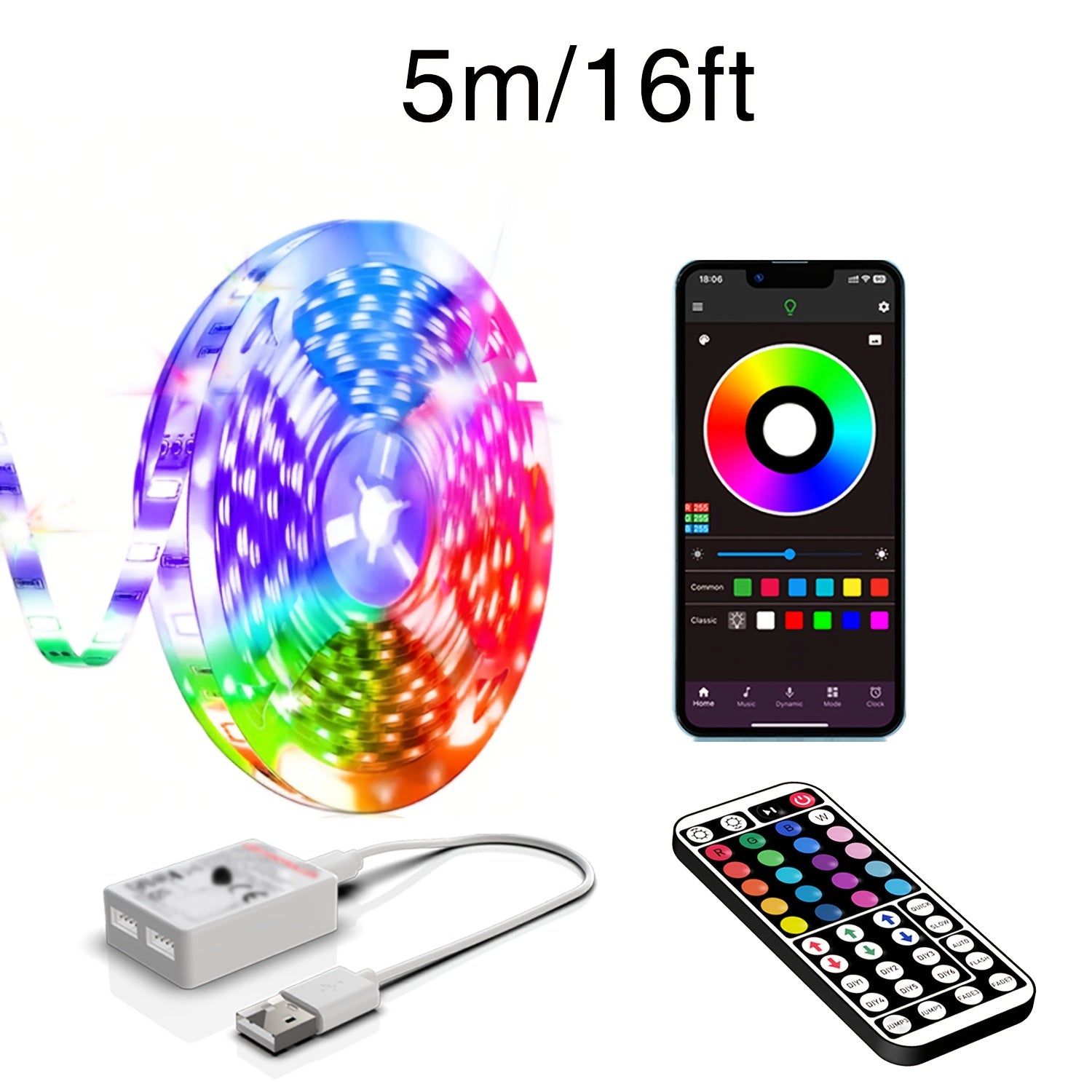 NBBUFF 3.28-100英尺智能电子LED灯带，USB供电RGB灯带，房间装饰照明，支持APP和遥控，定时功能，音乐同步，1600万种颜色，64+种场景模式，适用于卧室、电视、电脑背光、万圣节、圣诞节、派对及婚礼装饰