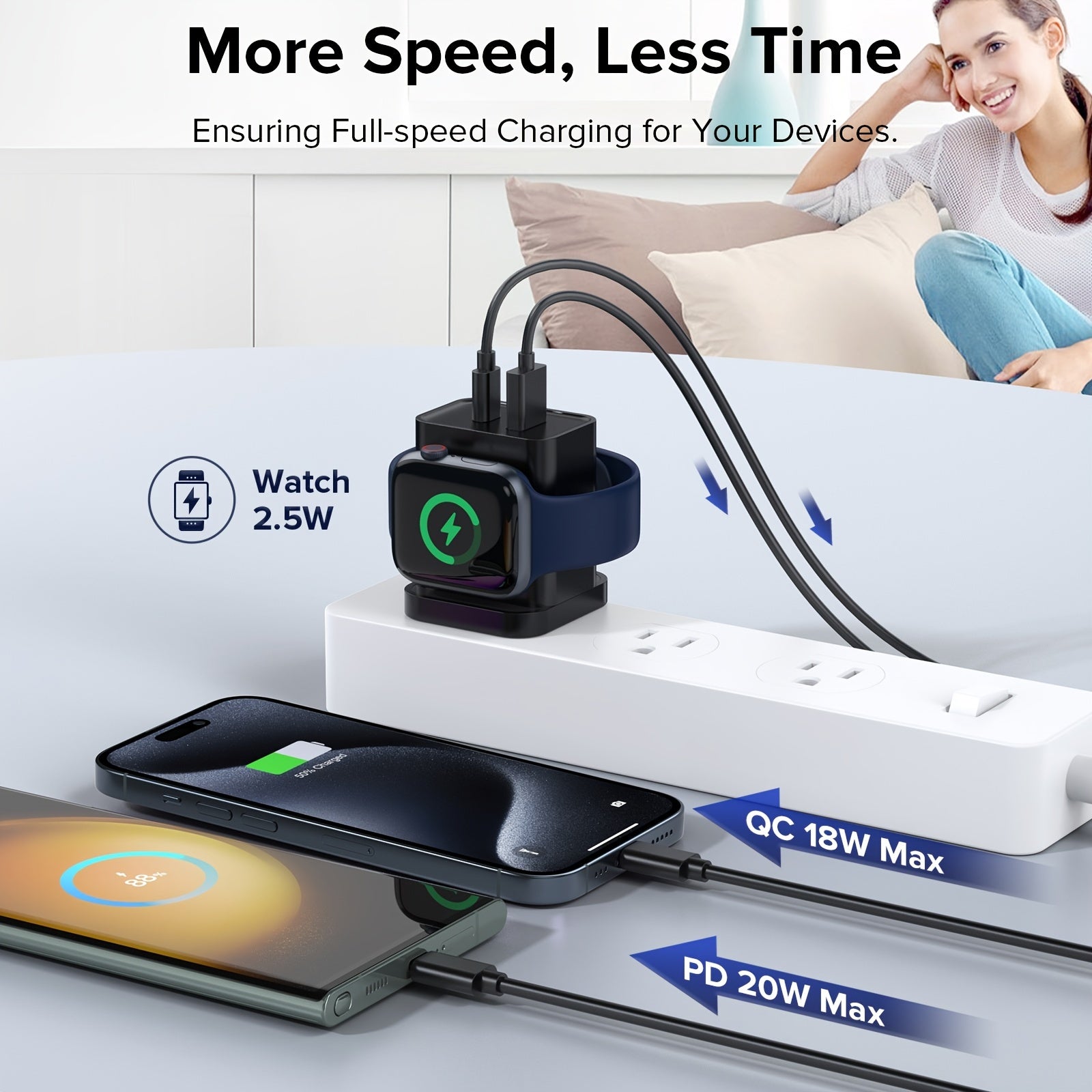 For Apple Watch Charger With 20W Fast Charging Block, 3 In 1 PD USB C Wall Charger Block For IWatch Series Ultra/9/8/7/6, Compatible With IPhone 16/16 Pro/iPhone 15 Series, Black