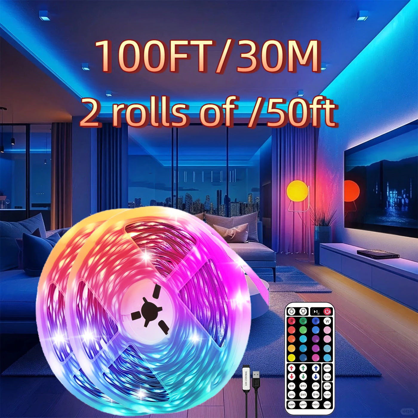 3.28英尺-100英尺 RGB LED灯带，带遥控器，可调节颜色变化，柔性设计，适用于卧室、厨房、天花板和房间氛围照明 - 节能