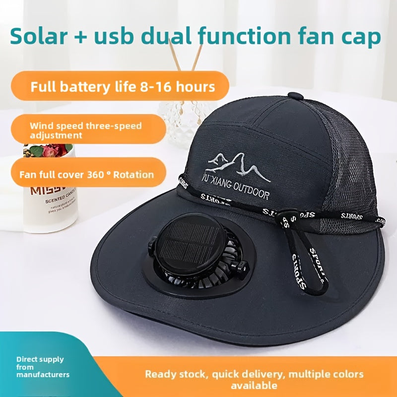 Wide Brim Solar Fan Sun Hat, Outdoor Leisure Hiking Hat, Adjustable Head Circumference Fits All Sizes. Built-in solar panel converts sunlight into electricity to drive the internal fan for continuous airflow