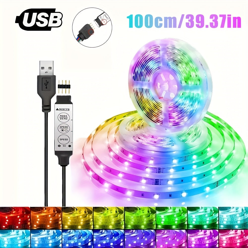 RGB LED灯带，USB 5V供电，3键控制器，可变色可调光，适用于派对氛围、电视背光、卧室、客厅、家居装饰、环境照明、DIY小夜灯、USB小工具、仙女灯、情绪灯、游戏桌搭配灯