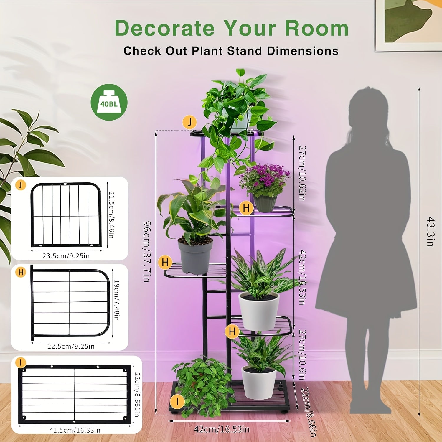 Indoor Plant Stand with Grow Light, 5-Tier 6-Pot Metal Multi-Function Flower Pot Shelf, Display Rack for Courtyard Balcony Living Room Corner Garden
